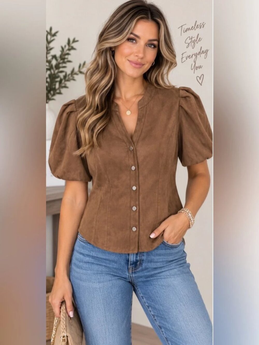 NWT Womens Bagatelle Collection Brown (Item-15) Puff Sleeve Faux Suede Top S